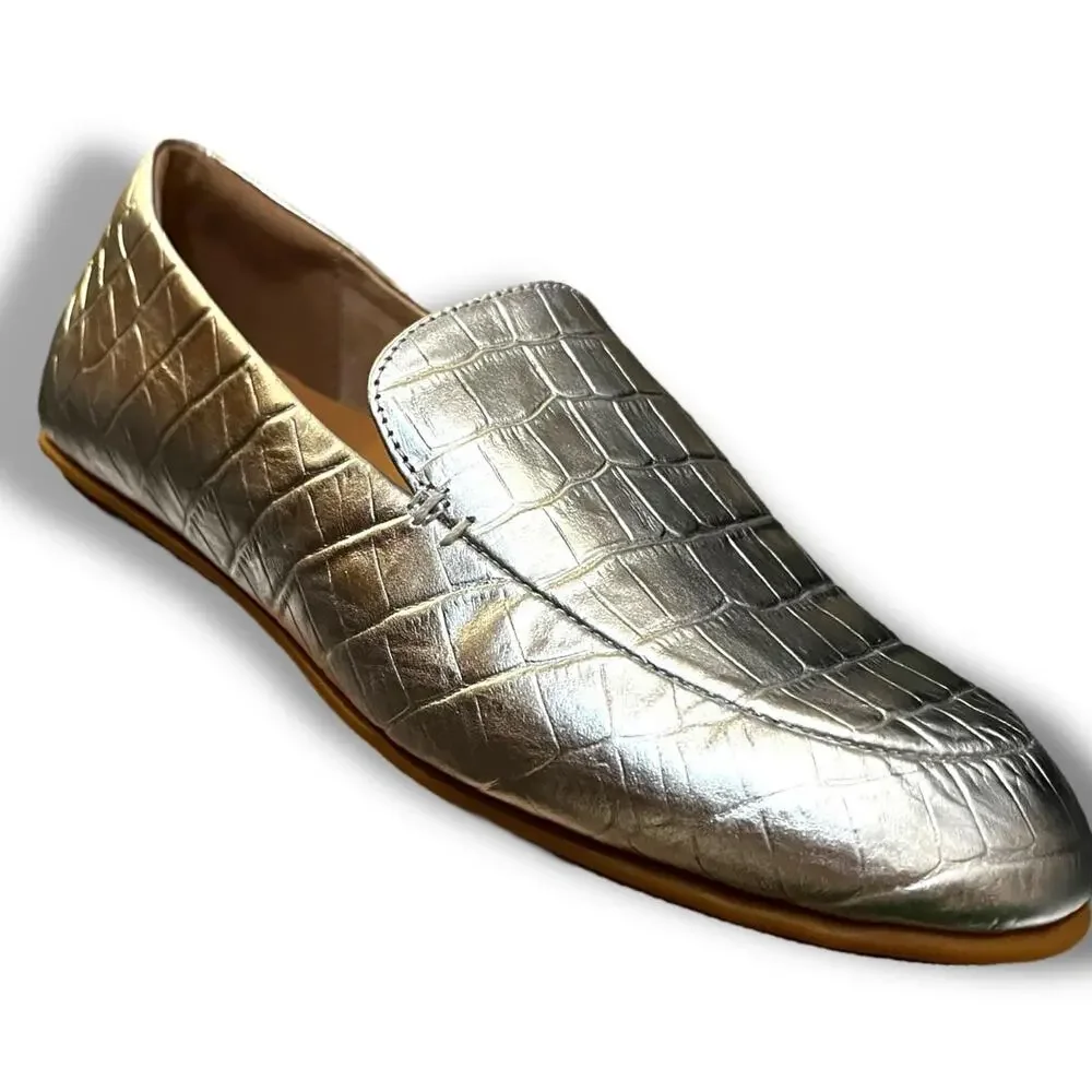 NWOT Fitflop Metallic Silver Croc-Embossed Slip-On Loafers.